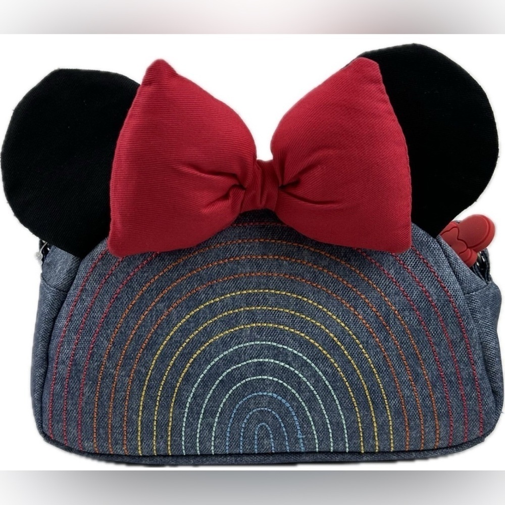DISNEY MINNIE MOUSE DENIM CROSSBODY RAINBOW, 3D BOW/EARS, ADJUSTABLE STRAP